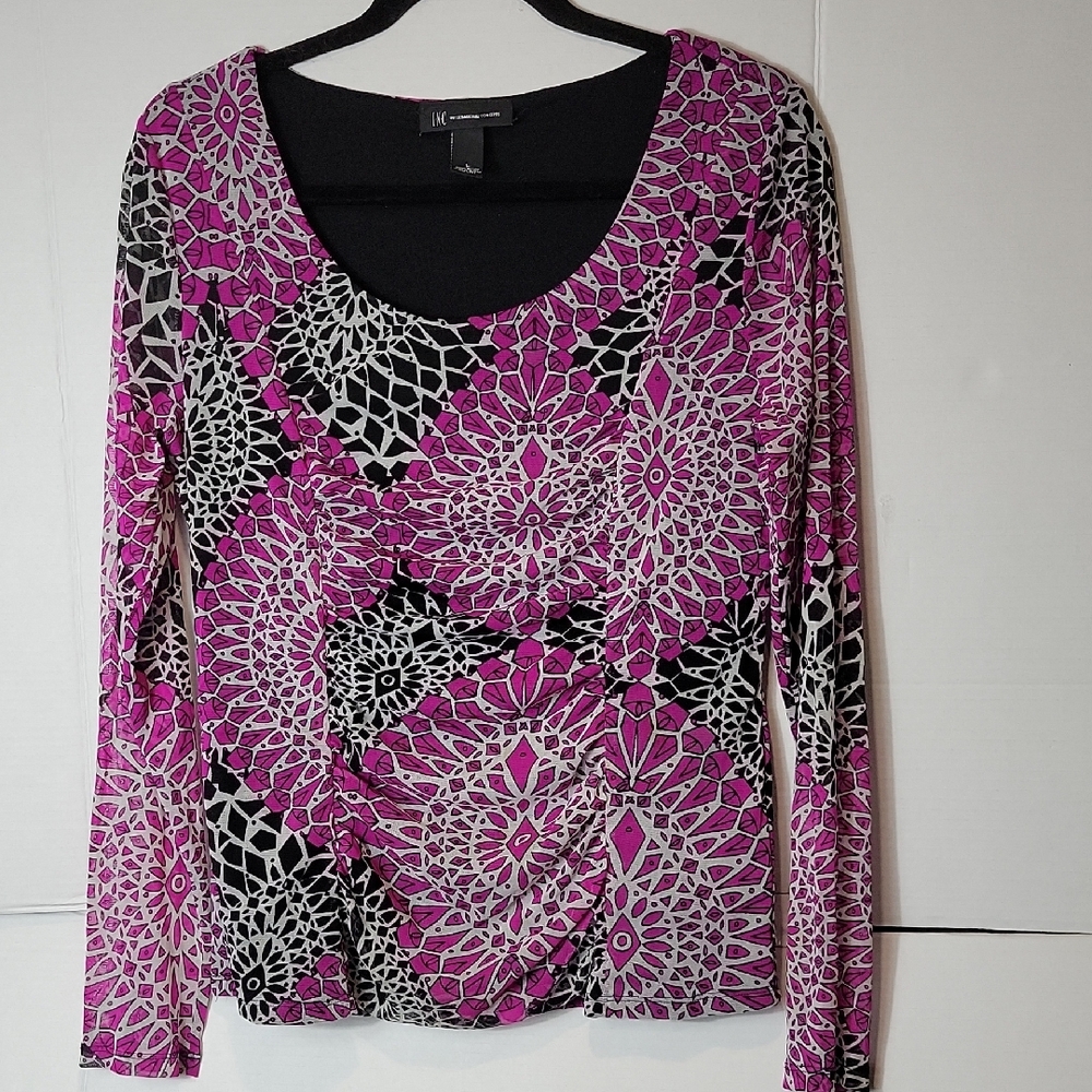 INC International Concepts Purple Black White Floral Mosaic Long-Sleeve Top
